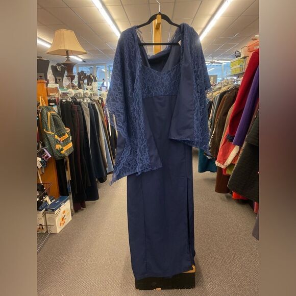 Ladies Lg/XL Navy Blue Formal Gown with Lace and Lace Shawl - Picture 1 of 4
